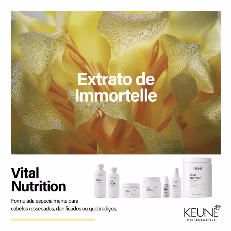 A imagem apresenta um fundo amarelo com flores amarelas, destacando o extrato de Immortelle, um ingrediente-chave da linha Vital Nutrition da Keune.