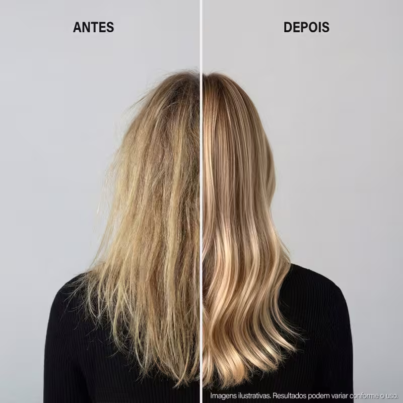 Imagem antes e depois de tratamento capilar com produtos da marca Keune, mostrando a transformação de cabelos danificados em fios saudáveis e brilhantes.