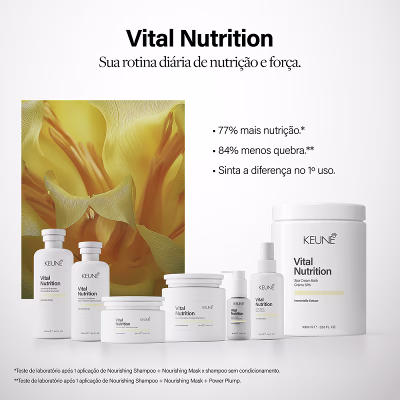 Linha de produtos Keune Vital Nutrition, incluindo shampoo, condicionador, máscara, spray de proteína e gel-creme. Embalagens brancas com rótulos em preto e amarelo.