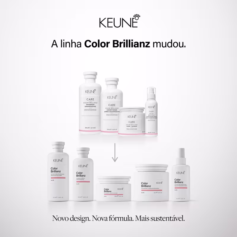 Produtos da linha Color Brillianz da Keune: shampoo, condicionador, máscara e spray de proteção da cor, em embalagens brancas com detalhes em laranja, apresentando informações sobre os benefícios de cada produto.