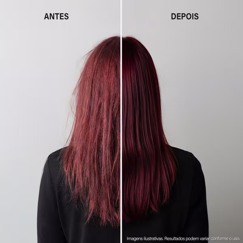 Imagem antes e depois de tratamento capilar com produto da marca Keune, mostrando a transformação do cabelo de danificado para saudável e brilhante.