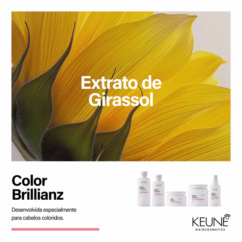 A imagem apresenta um fundo amarelo com detalhes em verde, destacando o extrato de girassol como ingrediente principal do produto da linha Color Brillianz da marca Keune.