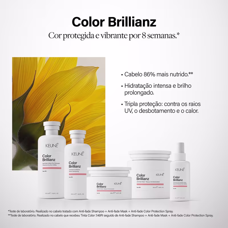 Linha de produtos Keune Color Brillianz, incluindo shampoo, condicionador, máscara e spray de proteção da cor, em embalagens brancas com detalhes em laranja.