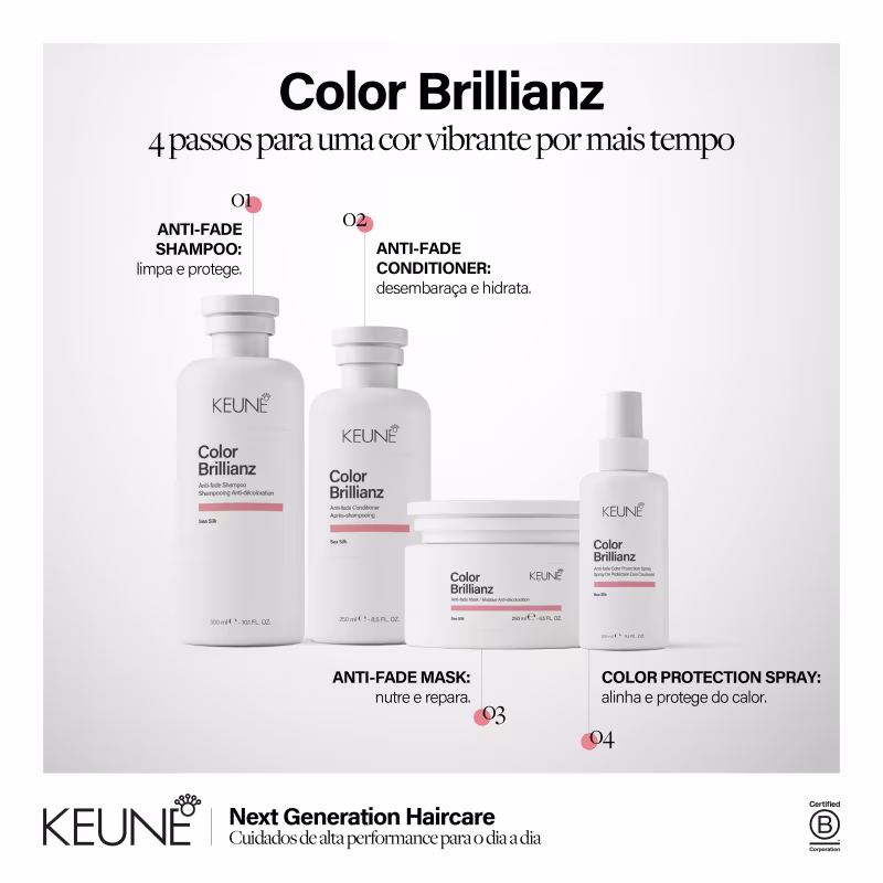 Linha de produtos Keune Color Brillianz, incluindo shampoo, condicionador, máscara e spray de proteção de cor, em embalagens brancas com detalhes em laranja, apresentando informações sobre os benefícios de cada produto.