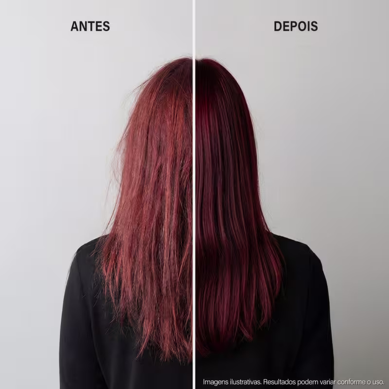 Imagem antes e depois de tratamento capilar com produto da marca Keune, mostrando a transformação do cabelo danificado para um visual saudável e brilhante.