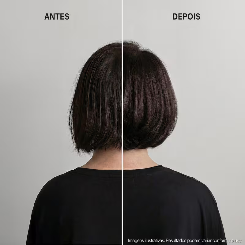 Imagem antes e depois de tratamento capilar da marca Keune, mostrando a transformação do cabelo com seus produtos. Ambiente neutro, com foco no resultado do tratamento.