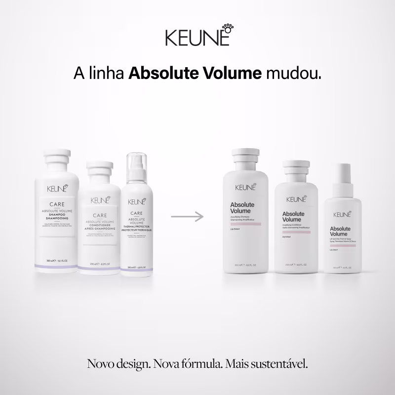 Linha de produtos Keune Absolute Volume, incluindo shampoo, condicionador e spray térmico, com embalagens brancas e detalhes em rosa, destacando os benefícios de volume, hidratação e proteção térmica.