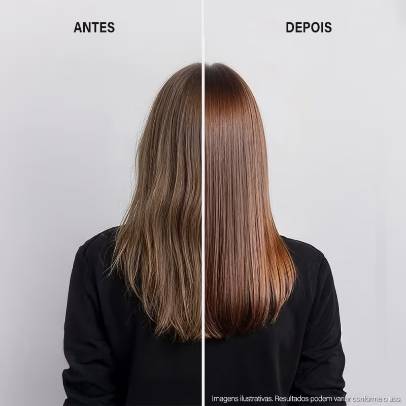 Imagem antes e depois de tratamento capilar com produto da marca Keune, mostrando a transformação do cabelo de opaco e ressecado para brilhante e liso.