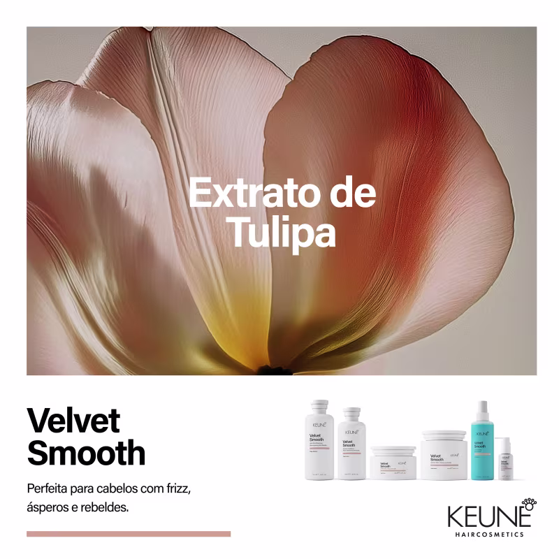 Linha de produtos Keune Velvet Smooth para cabelos, incluindo shampoo, condicionador, máscara, spray e polidor, em embalagens brancas com detalhes em azul e texto descritivo em inglês e português.