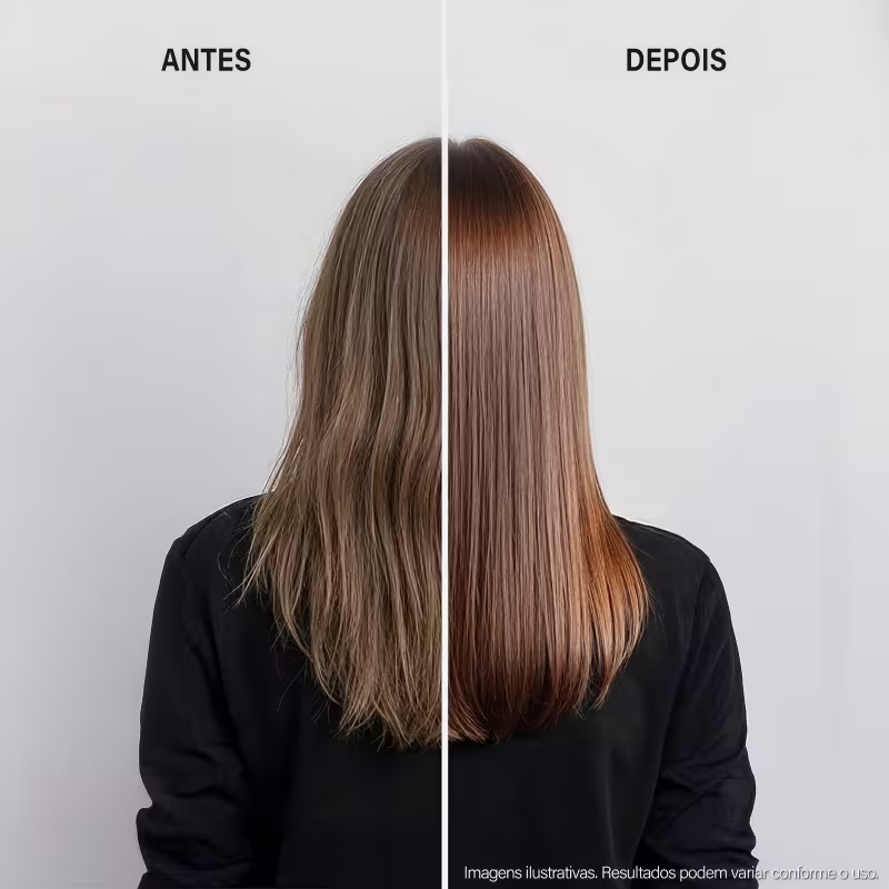 Imagem antes e depois de tratamento capilar com produto da marca Keune, mostrando a transformação do cabelo de opaco e ressecado para brilhante e liso.