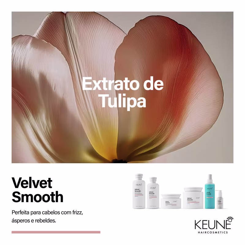 Produtos Keune Keratin Smooth e Velvet Smooth em embalagens de diversos tamanhos, incluindo frascos, caixas e sprays, com design moderno e cores predominantes branca e azul.