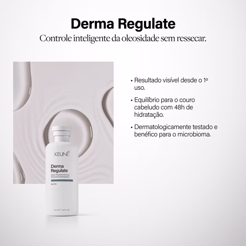 Frasco branco da linha Derma Regulate da Keune, com informações sobre o controle inteligente da oleosidade sem ressecar o cabelo e equilíbrio para o couro cabeludo por 48h.