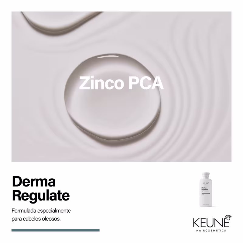 O ambiente apresenta uma imagem minimalista e monocromática, com destaque para um frasco de produto da marca Keune, que parece ser um regulador de oleosidade capilar chamado "Derma Regulate".