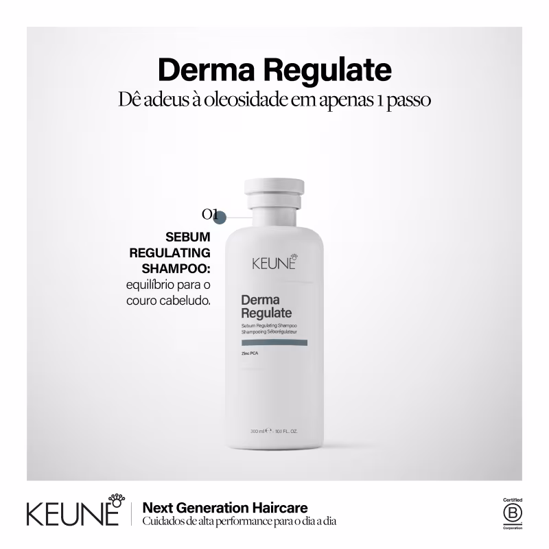 Frasco branco de shampoo Keune Derma Regulate, com rótulo preto e cinza indicando o nome do produto e seu uso para regular a oleosidade do couro cabeludo. Embalagem cilíndrica com tampa branca.