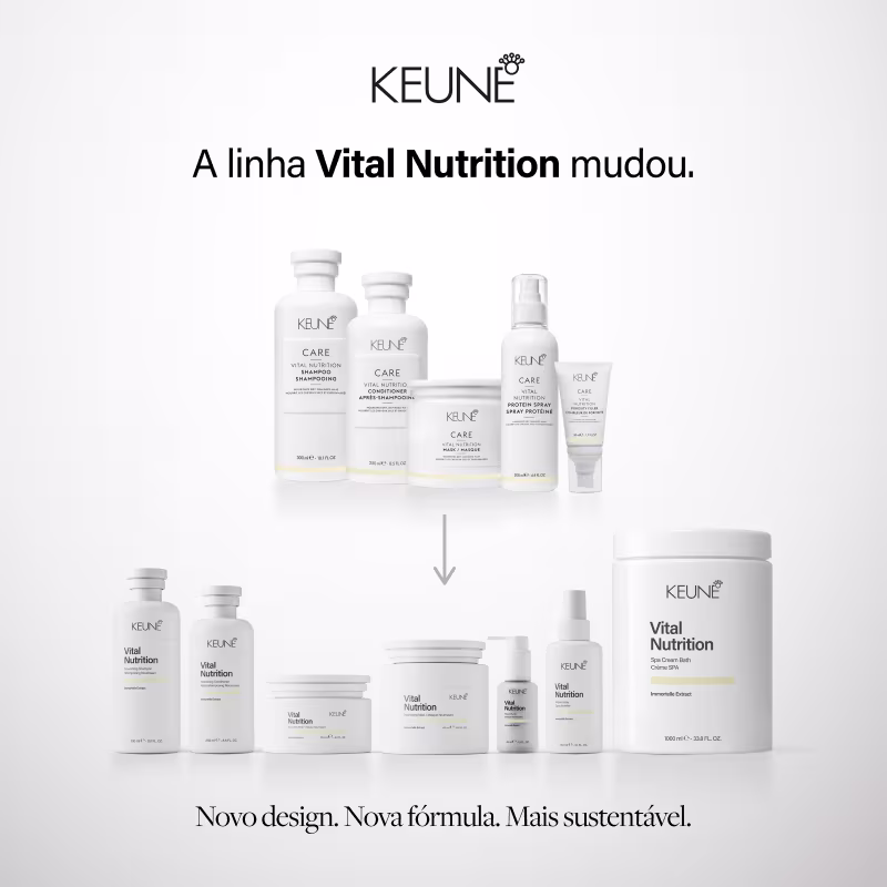 A linha de produtos Vital Nutrition da Keune, com embalagens brancas e detalhes em amarelo, inclui shampoo, condicionador, spray protetor e pote de creme para cuidados capilares.