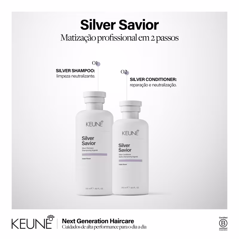 Frasco branco da linha Silver Savior da Keune, com rótulo em preto e roxo indicando um shampoo com aroma de flor violeta. Embalagem com 300 ml.