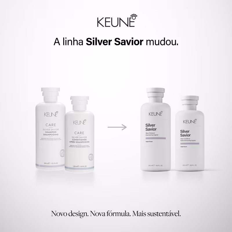Frasco branco da linha Silver Savior da Keune, com rótulo em preto e roxo indicando um shampoo com aroma de flor violeta. Embalagem com 300 ml.