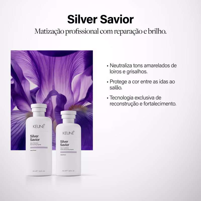 O produto de beleza Keune Silver Savior consiste em um shampoo e um condicionador em frascos brancos com rótulos em tons de cinza. O shampoo é descrito como "limpeza neutralizante", enquanto o condicionador promete "reparação e neutralização".