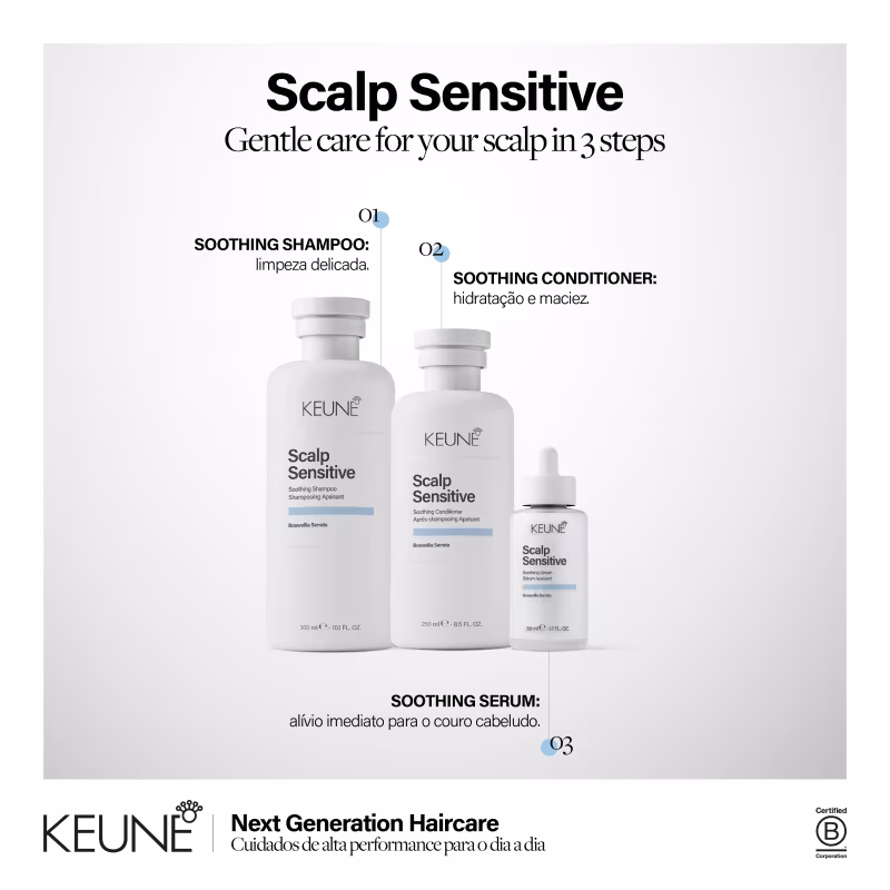 Produtos da linha Scalp Sensitive da Keune: shampoo, condicionador e sérum calmantes para o couro cabeludo, em embalagens brancas com detalhes azuis, apresentando informações sobre os benefícios de cada produto.