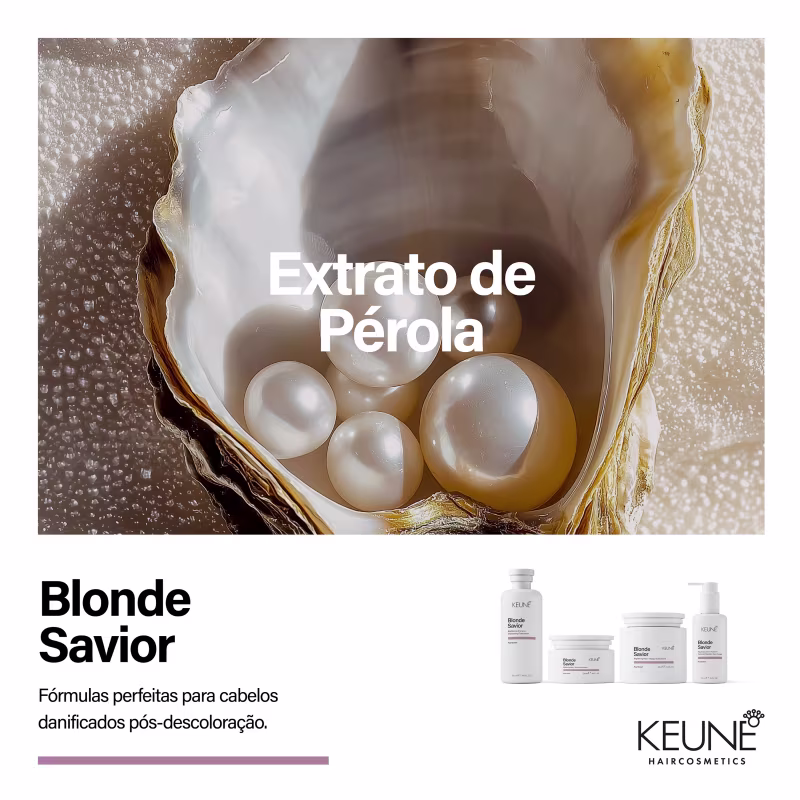 Produtos da linha Blonde Savior da Keune: shampoo, máscara e tratamento leave-in para cabelos loiros. Embalagens brancas com detalhes em roxo.