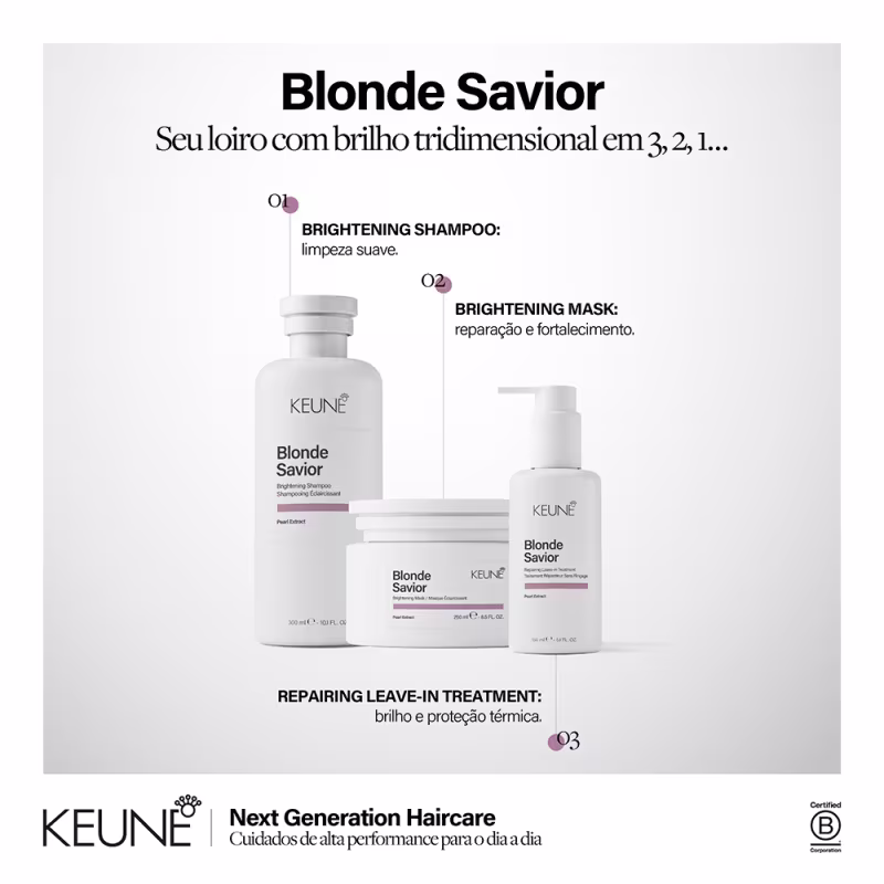 Produtos da linha Blonde Savior da Keune: shampoo, máscara e tratamento leave-in para cabelos loiros. Embalagens brancas com detalhes em roxo, destacando os benefícios de brilho, reparação e fortalecimento.