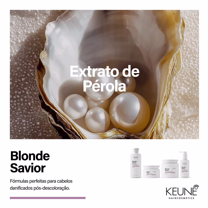 Produtos da linha Blonde Savior da Keune: shampoo, máscara e tratamento leave-in para cabelos loiros. Embalagens brancas com detalhes em roxo, destacando os benefícios de brilho, reparação e fortalecimento.