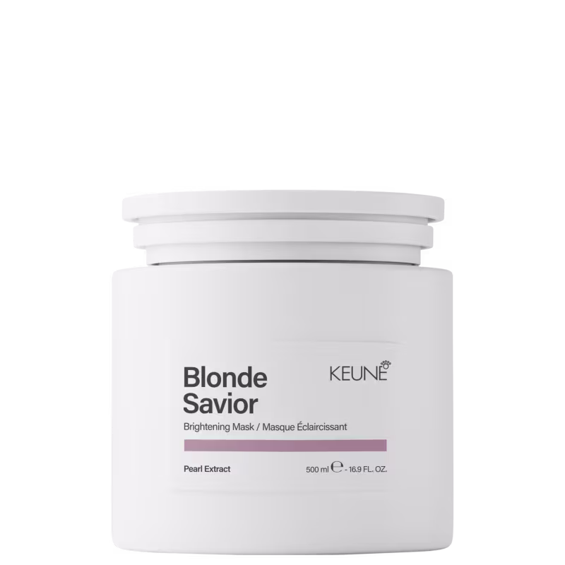 Frasco branco de máscara capilar Blonde Savior da marca Keune, com rótulo preto e cinza, contendo 500 ml do produto. Destaca-se o extrato de pérola como ingrediente.