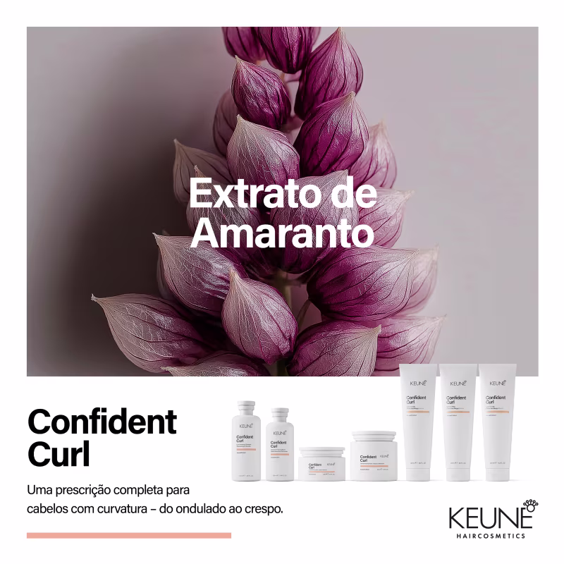 Produtos da linha Confident Curl da Keune, incluindo shampoo, condicionador, máscara e leave-in para cabelos cacheados. Embalagens em branco e preto.