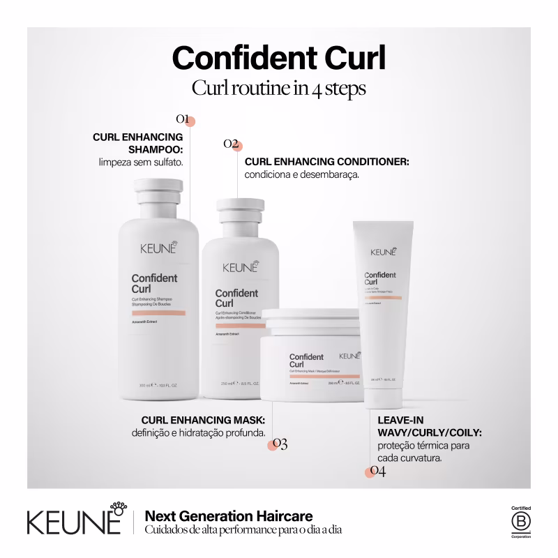 Produtos da linha Confident Curl da Keune, incluindo shampoo, condicionador, máscara e leave-in para cabelos ondulados/encaracolados/cacheados.
