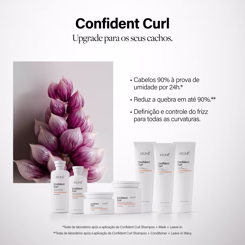 Produtos da linha Confident Curl da Keune, incluindo shampoo, condicionador, máscara e leave-in para cabelos ondulados/cacheados.