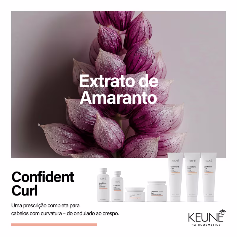 Produtos Keune da linha Confident Curl: shampoo, condicionador, máscara e leave-in para cabelos ondulados/cacheados.