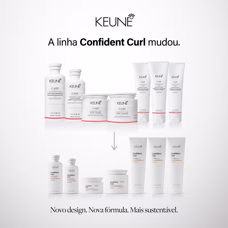 Produtos da linha Confident Curl da Keune, incluindo shampoo, condicionador, máscara e leave-in para cabelos ondulados/cacheados. Embalagens brancas com detalhes em preto e laranja.