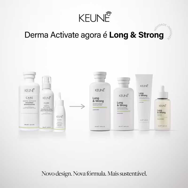 A linha de produtos Keune Derma Activate e Long & Strong, incluindo shampoo, spray, loção e outros itens, apresentados em embalagens brancas com detalhes em verde e preto, destacando a nova fórmula e design.