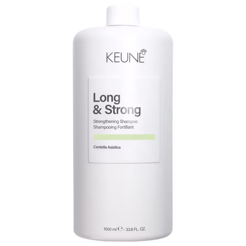 Shampoo da marca Keune, com rótulo indicando o nome "Long & Strong" e é apresentado em embalagem cilíndrica com tampa brancos e texto preto.