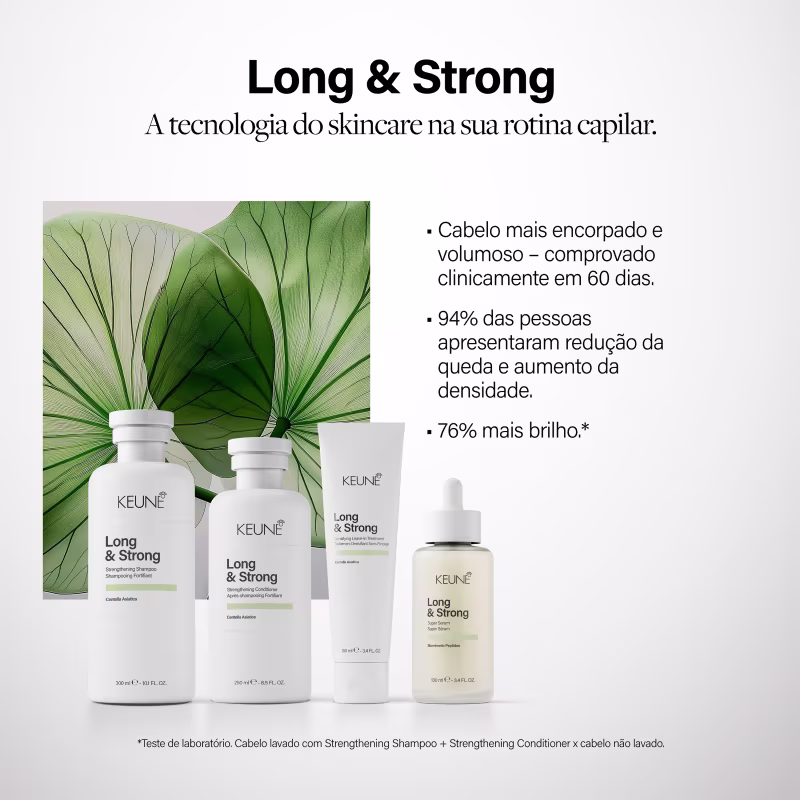 Produtos da marca Keune, com rótulo indicando o nome "Long & Strong" e é apresentado em embalagem cilíndrica branca com tampa, e texto em preto.