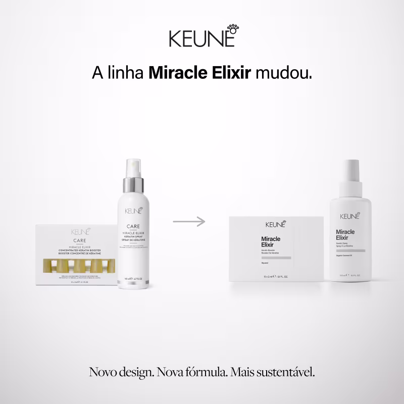 A linha Miracle Elixir da Keune inclui um conjunto de produtos em embalagens brancas e prateadas, com o nome da marca e do produto destacados. O conjunto contém um frasco spray e uma caixa com ampolas concentradas de queratina.