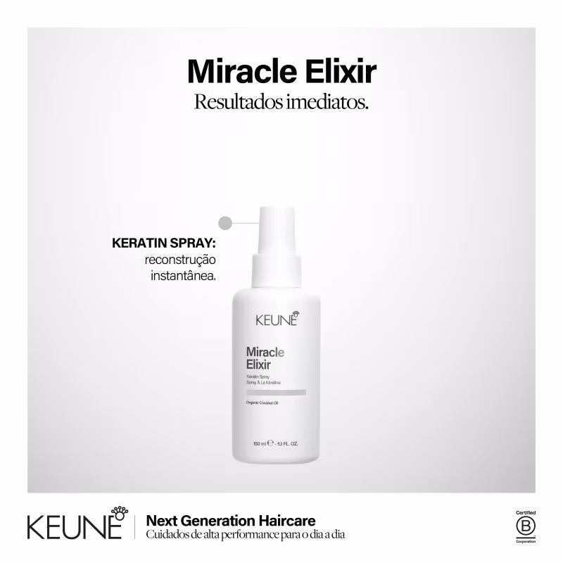 Frasco branco de spray de queratina da linha Miracle Elixir da Keune, com texto em português indicando "reconstrução instantânea". Embalagem simples e minimalista, com o logotipo da marca.