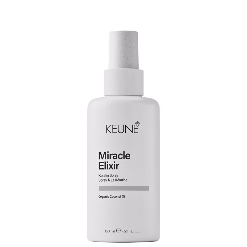 Frasco branco de 150 ml do spray de queratina Miracle Elixir da marca Keune, com rótulo em preto e cinza destacando o nome do produto e a presença de óleo de coco orgânico em sua composição.