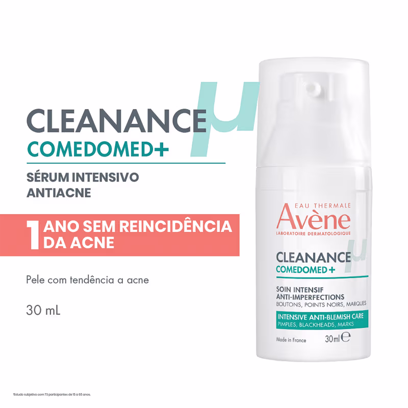 Cleanance Comedomed+ Sérum intensivo antiacne. 1 ano sem reincidência da acne. Pele com tendência a acne. 30 ml. Soin intensif anti-imperfections. Intensive anti-blemish care. Made in France.