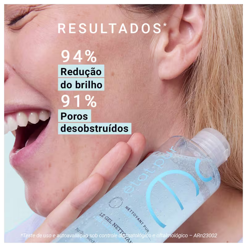 O texto menciona 94% de redução do brilho, 91% de poros desobstruídos e indica que o teste foi realizado sob controle dermatológico e oftalmológico.