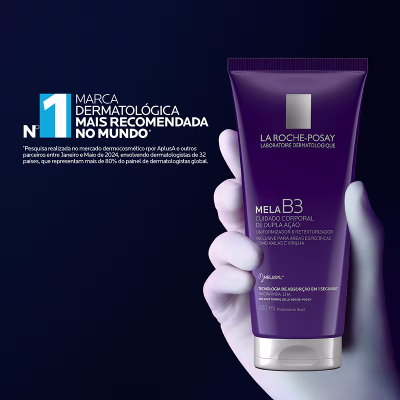 Marca dermatológica número 1 no mundo, segundo pesquisa. Embalagem de item de perfumaria da marca La Roche-Posay, com o nome "Mela B3 Cuidado Corporal de Dupla Ação" e informações sobre sua tecnologia de absorção.