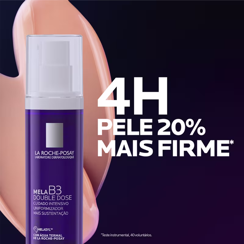 Frasco de tratamento facial da marca La Roche-Posay, na cor roxa, com bomba dosadora e rótulo destacando o nome "Mela B3 Double Dose" e informações sobre o produto.