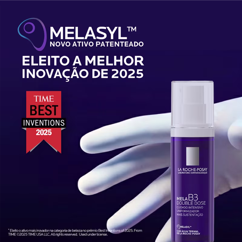 Frasco de tratamento facial da marca La Roche-Posay, na cor roxa, com bomba dosadora e rótulo destacando o nome "Mela B3 Double Dose" e informações sobre o produto.