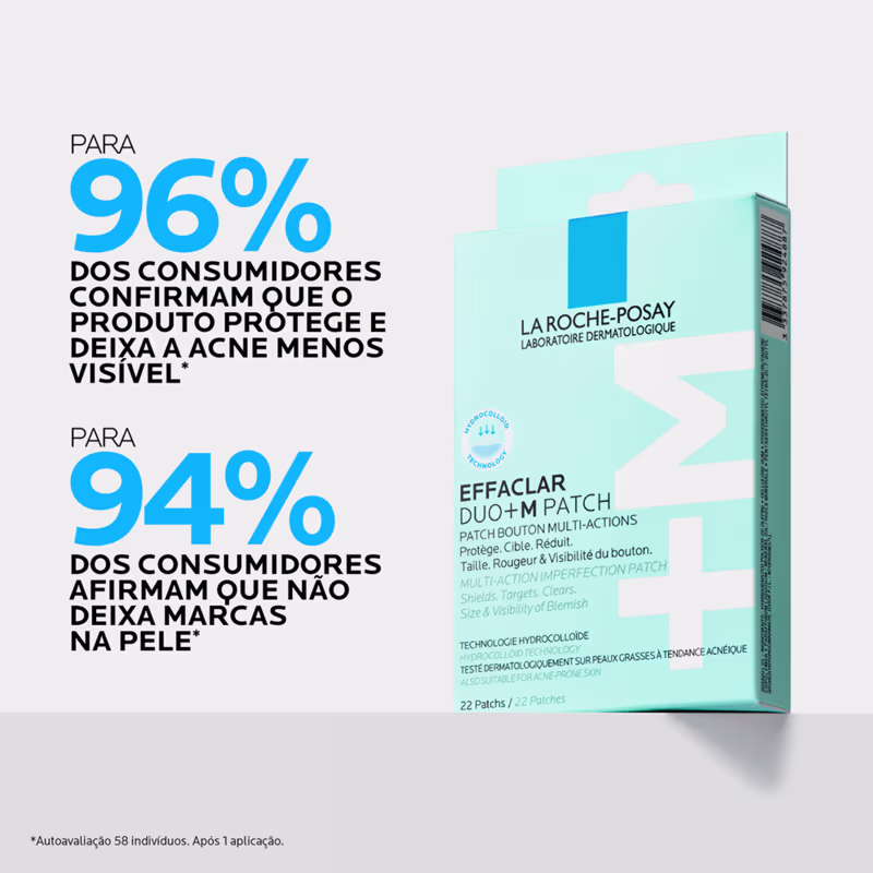  "EFFACLAR DUO+ PATCH - Protege, Limpa, Reduz Tamanho e Visibilidade de Imperfeições. Tecnologia Hidrocolóide". Informações sobre pesquisa com 94% dos consumidores afirmando que o produto não deixa marcas na pele.
