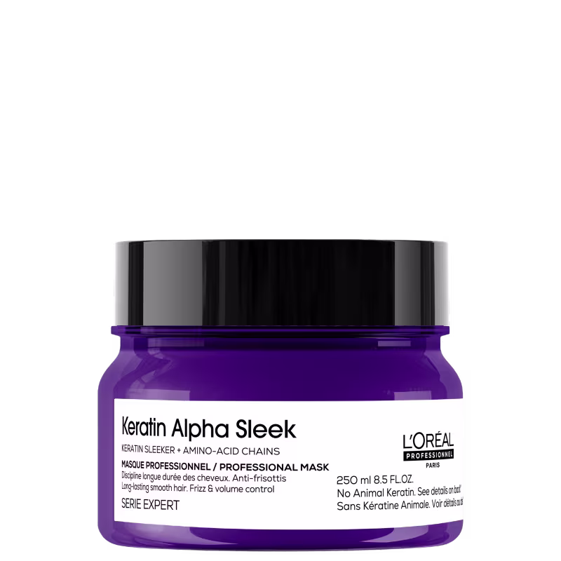 Frasco de máscara capilar profissional Keratin Alpha Sleek da L'Oréal Paris, com 250 ml de volume, em embalagem de vidro de cor roxa brilhante e tampa preta.