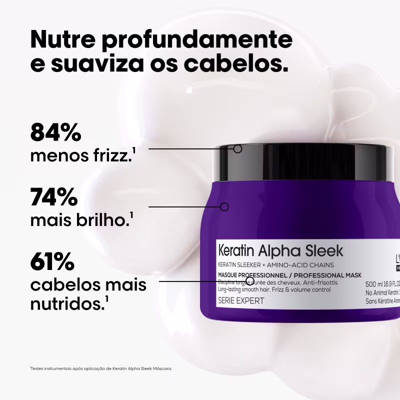 Nutre profundamente e suaviza os cabelos. 84% menos frizz.1 74% mais brilho.1 61% cabelos mais nutridos.1 Keratin Alpha Sleek Masque Professionnel / Professional Mask.