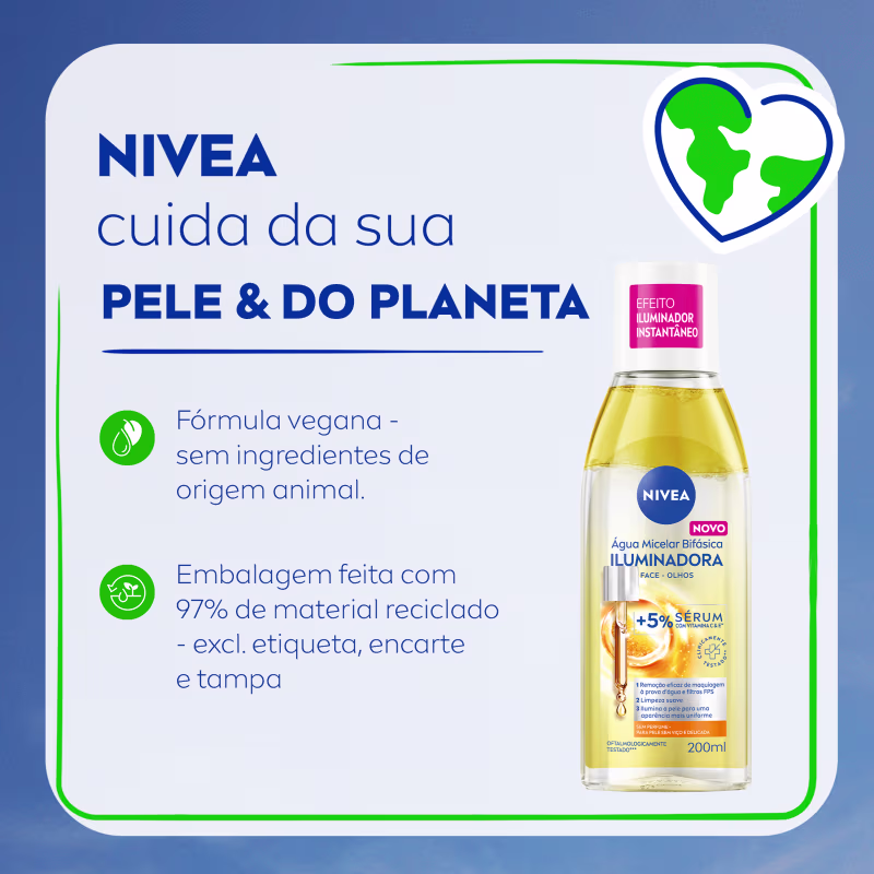 Embalagem de item de perfumaria da marca NIVEA com fórmula vegana, sem ingredientes de origem animal, e embalagem feita com 97% de material reciclado, exceto etiqueta, encarte e tampa.