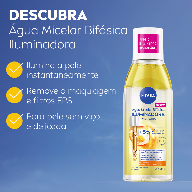 Embalagem de Água Micelar Bifásica Iluminadora da marca NIVEA, com texto "Efeito Iluminador Instantâneo", "Ilumina a pele instantaneamente", "Remove a maquiagem e filtros FPS", "Para pele sem vício e delicada".