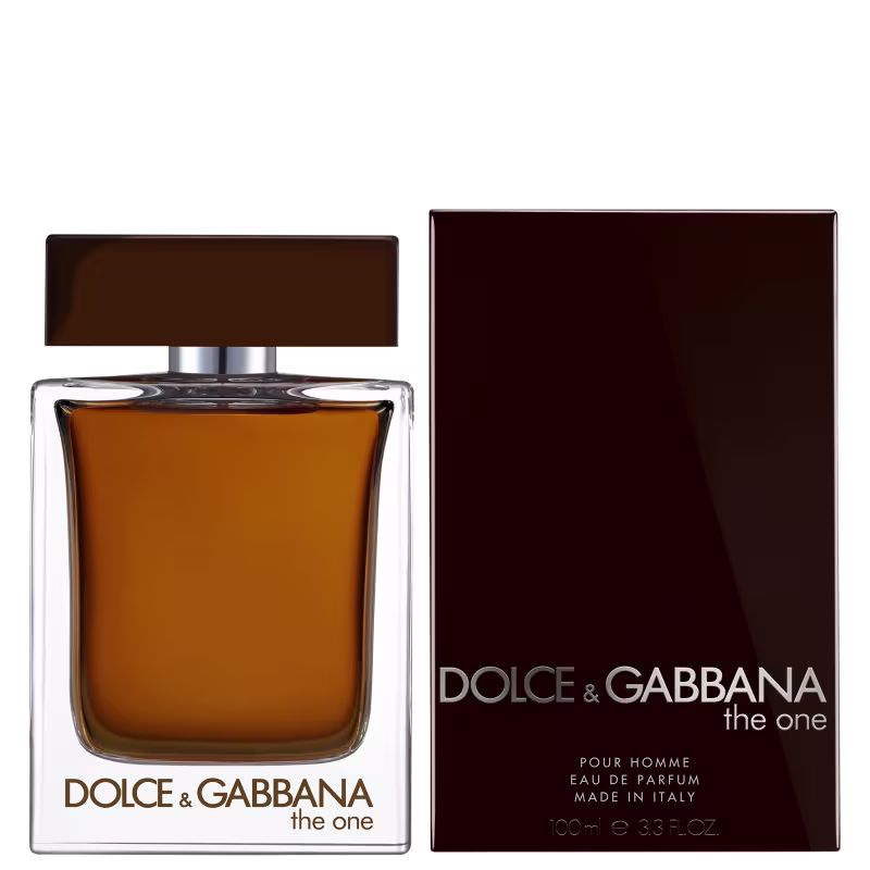 Frasco de perfume masculino da marca Dolce & Gabbana, chamado "The One", com embalagem em tons de marrom e preto. O frasco possui formato retangular com detalhes em prata. A caixa exibe o nome da marca e do produto em letras brancas.
