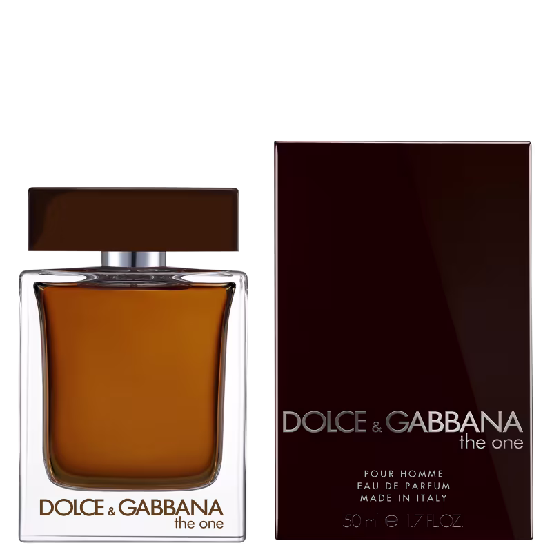 Frasco de perfume masculino da marca Dolce & Gabbana, chamado "The One", com embalagem em tons de marrom e preto. O frasco possui formato retangular com detalhes em prata. A caixa exibe o nome da marca e do produto em letras brancas.